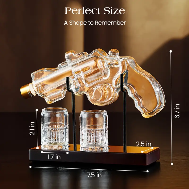 Unique pistol-shaped glass hip flask. Polished metal surface, high-end decanter, perfect choice for home bar, gift for boyfriend, father