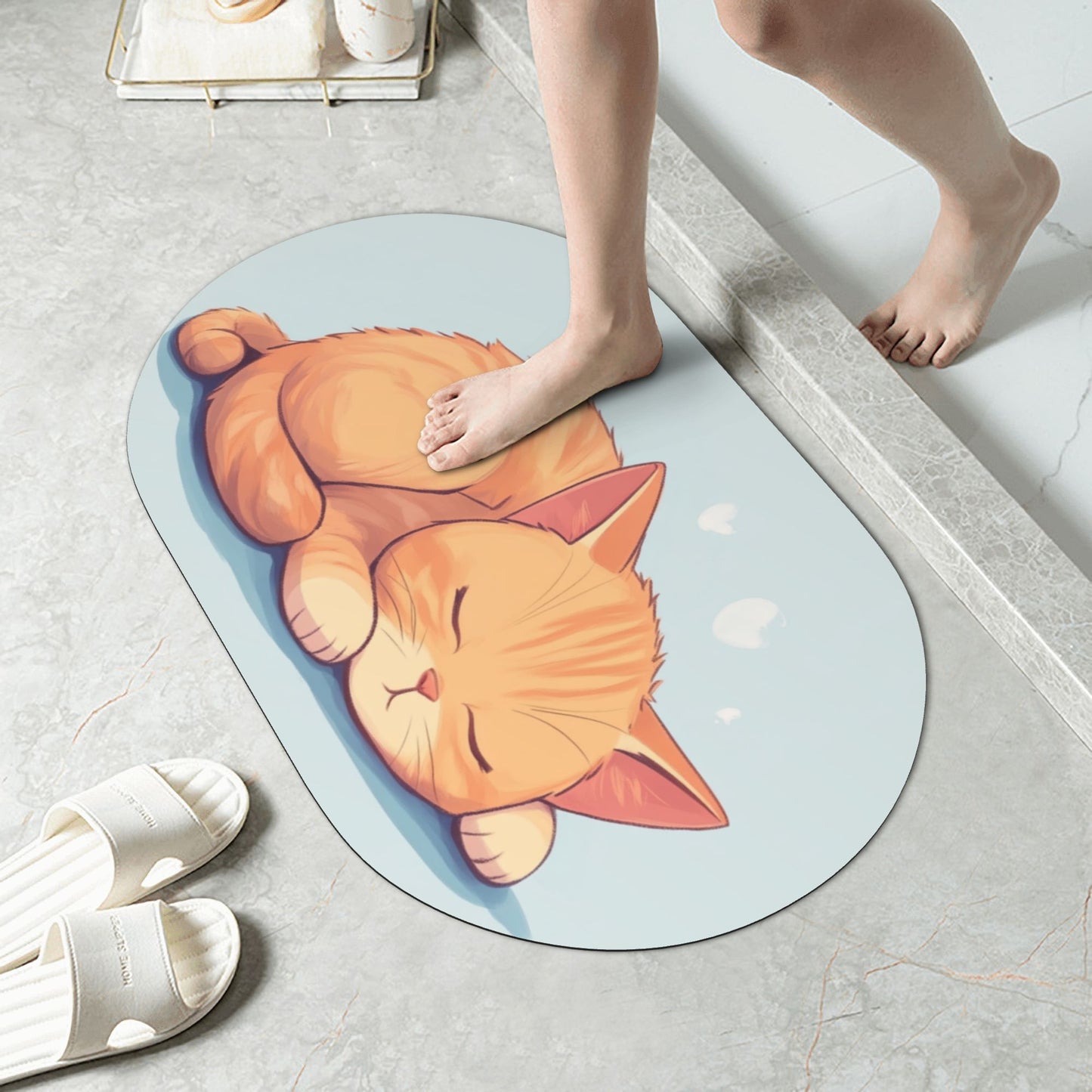 Cute Sleeping Cat Pattern Rounded Corner Rubber Mat - 23.6x15.7 Inches, Non-Slip Microfiber Mat for Home Décor and Versatile Use