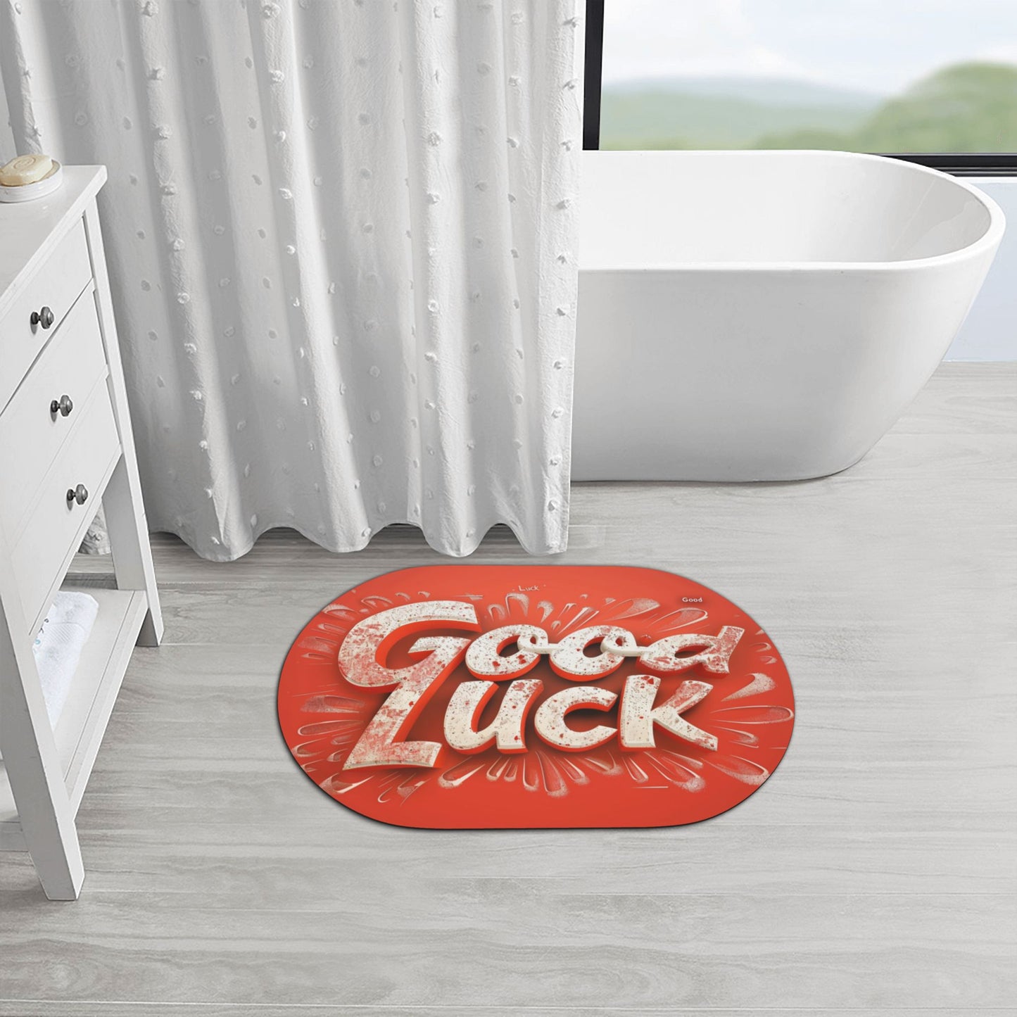 "Good Luck" Rounded Corner Rubber Mat - 23.6x15.7 Inches, Red Luck-Themed Non-Slip Microfiber Mat for Home Décor and Versatile Use