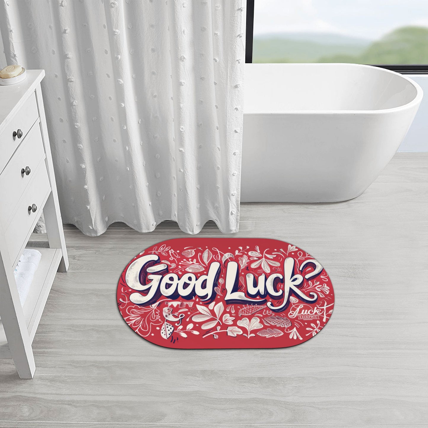 "Good Luck" Themed Non-Slip Rubber Mat - 23.6x15.7 Inches, Red Artistic Microfiber Mat for Bathroom, Kitchen, and Home Décor