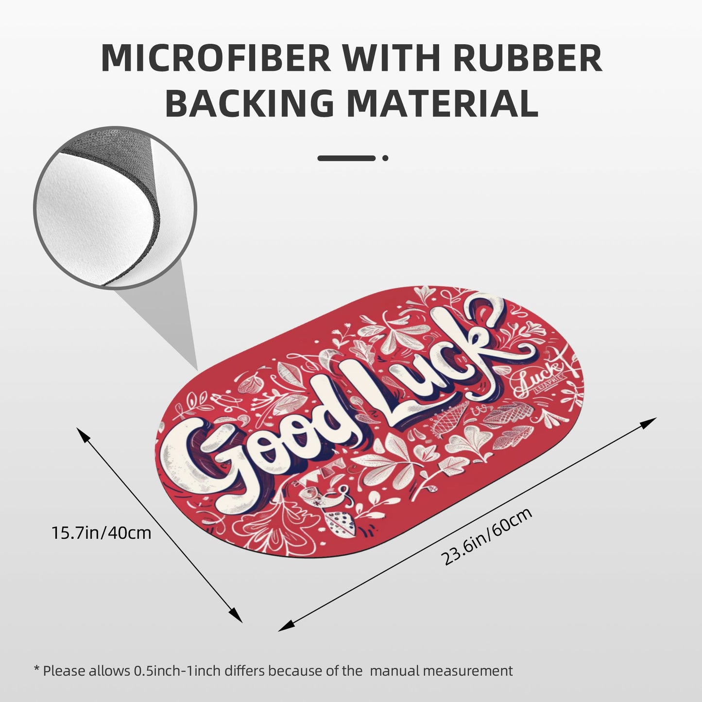 "Good Luck" Themed Non-Slip Rubber Mat - 23.6x15.7 Inches, Red Artistic Microfiber Mat for Bathroom, Kitchen, and Home Décor